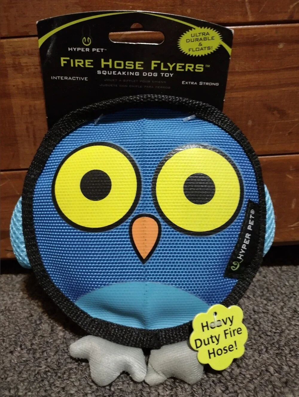Hyper Pet Blue Owl Fire Hose Flyers Squeaking Dog Toy